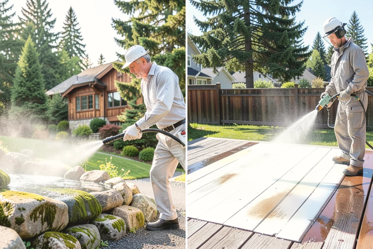 Sidewalk Pressure Washing in Lake Stevens, Snohomish County, WA - Blow off leaves and fir needles and pre-treat the surface with a moss-and-algae solution