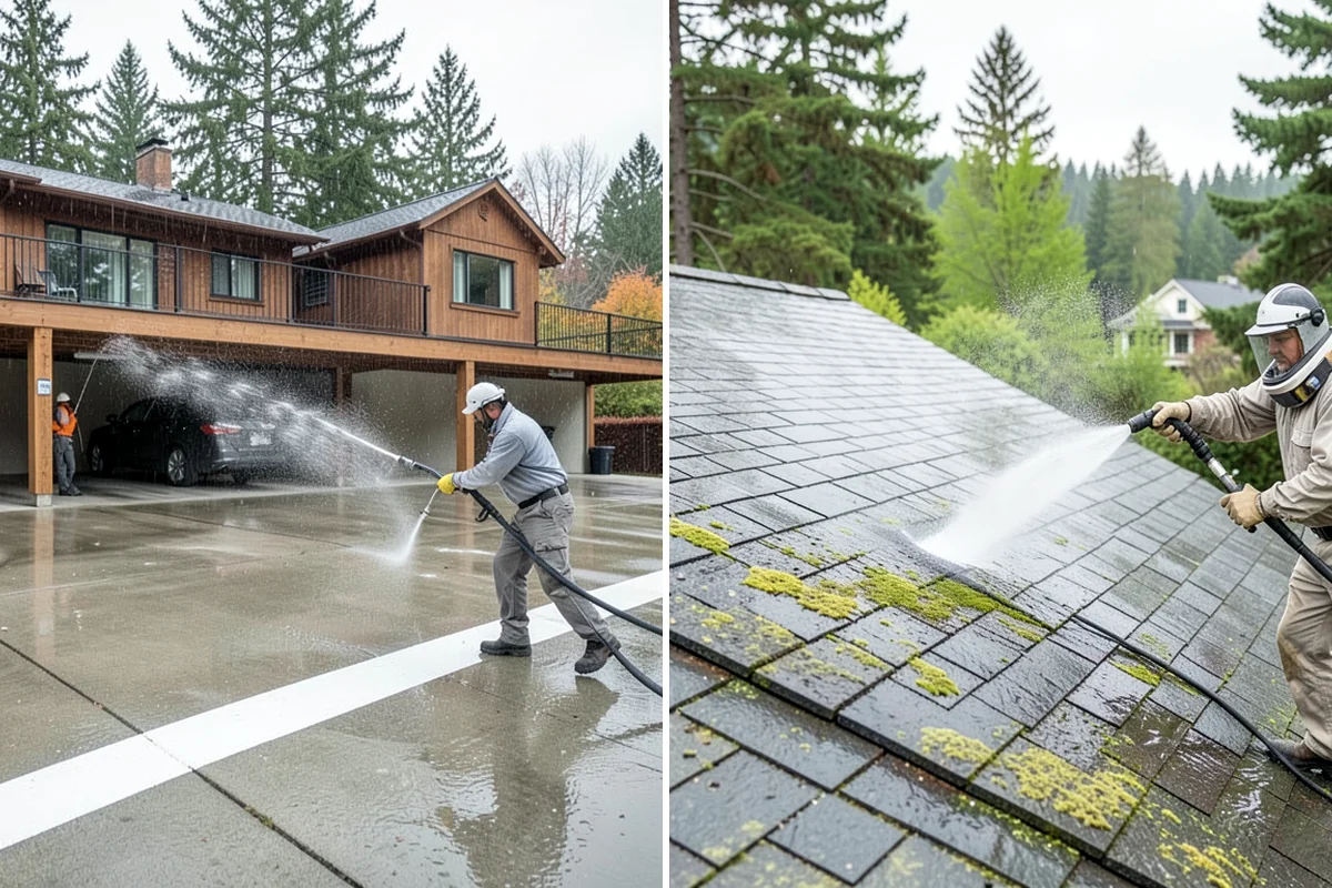 Sidewalk Pressure Washing in Lakewood, Pierce County, WA - Blow off leaves and fir needles and pre-treat the surface with a moss-and-algae solution