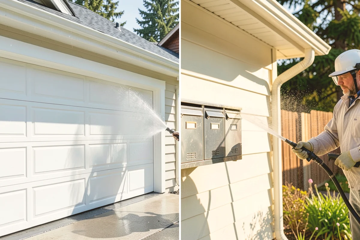 Sidewalk Pressure Washing in Langley, Island County, WA - Blow off leaves and fir needles and pre-treat the surface with a moss-and-algae solution