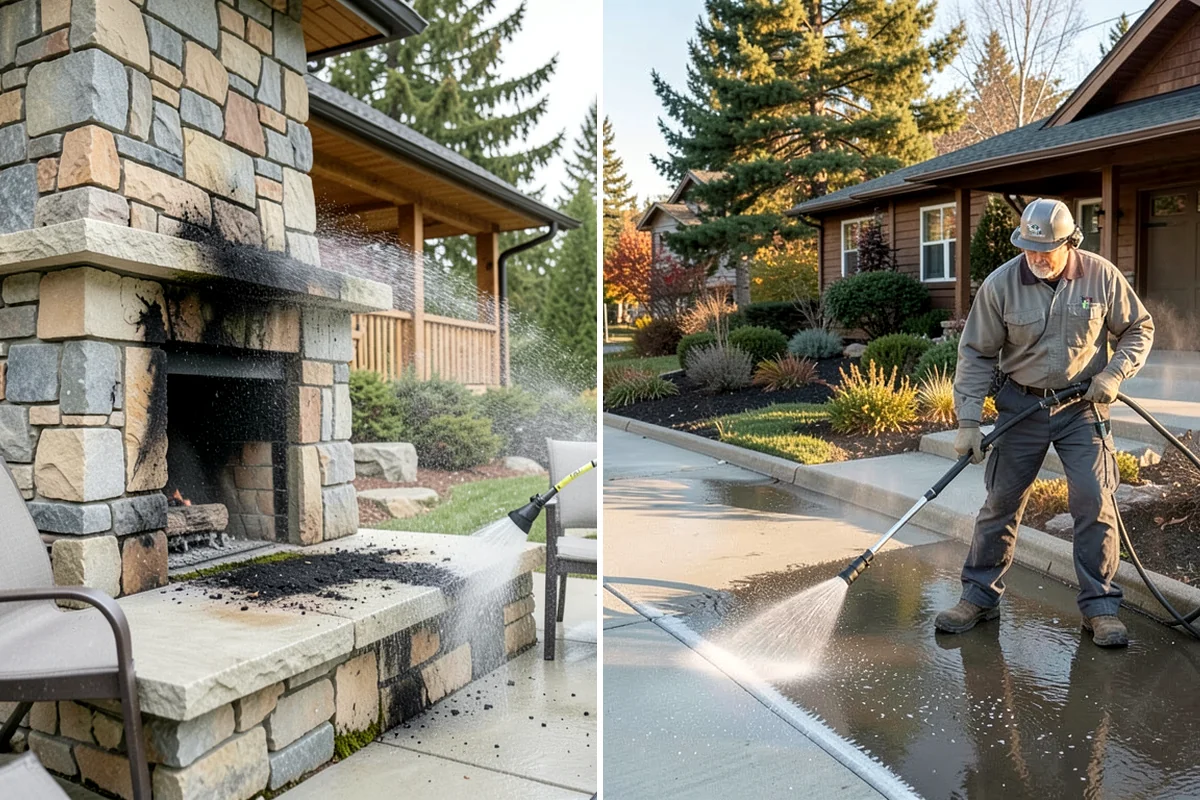 Sidewalk Pressure Washing in Lyman, Skagit County, WA - Blow off leaves and fir needles and pre-treat the surface with a moss-and-algae solution
