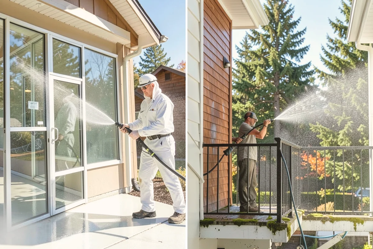 Sidewalk Pressure Washing in Lynnwood, Snohomish County, WA - Blow off leaves and fir needles and pre-treat the surface with a moss-and-algae solution