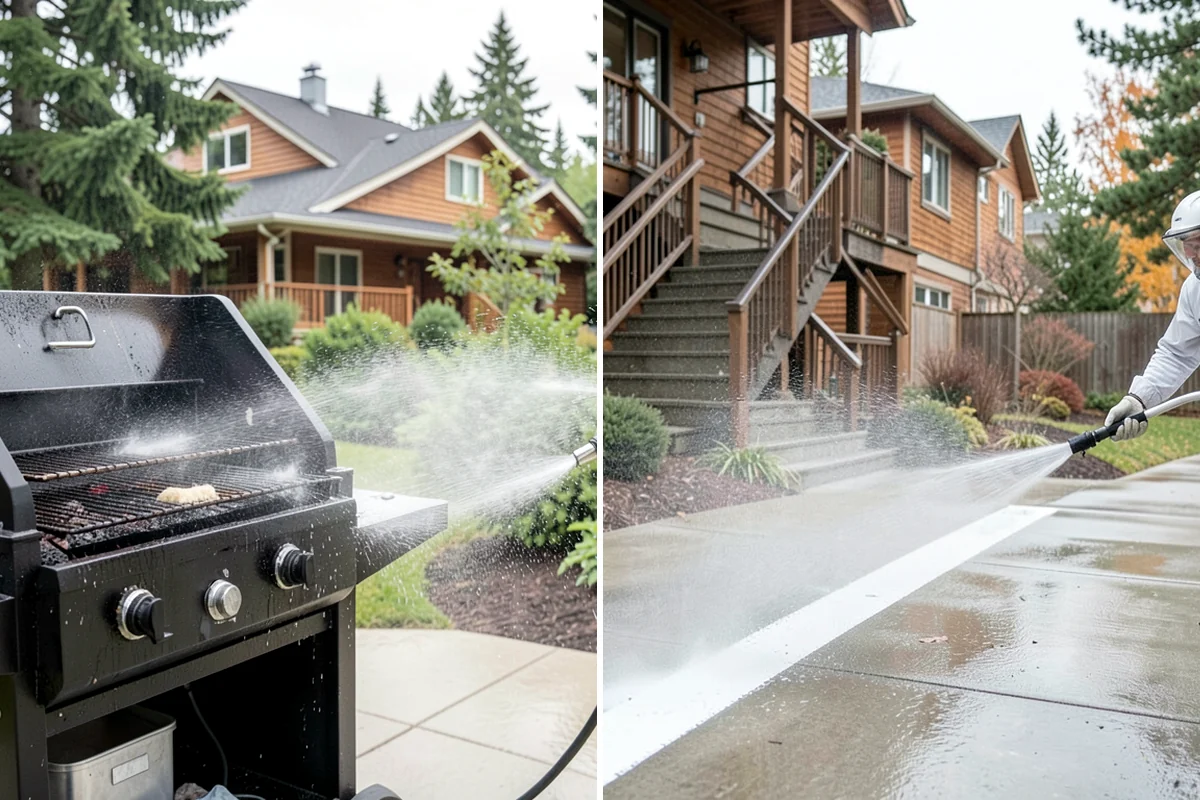 Sidewalk Pressure Washing in Maple Valley, King County, WA - Blow off leaves and fir needles and pre-treat the surface with a moss-and-algae solution