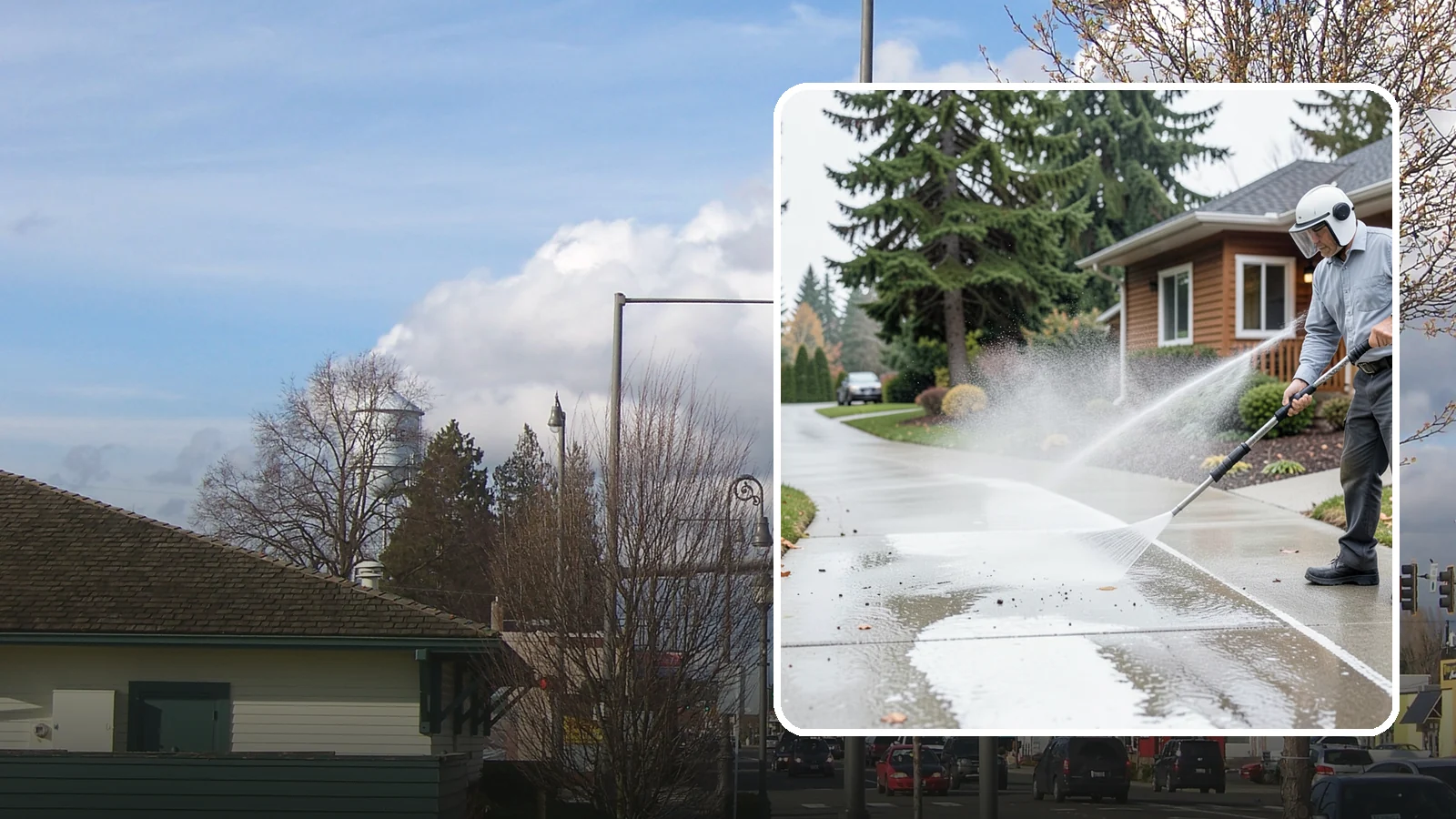 Sidewalk Pressure Washing in Marysville, Snohomish County, WA - Restore slick, moss-darkened Washington sidewalks to safe, even concrete with a controlled pressure wash.