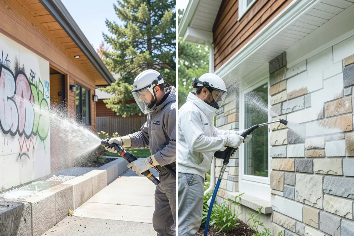 Sidewalk Pressure Washing in Marysville, Snohomish County, WA - Blow off leaves and fir needles and pre-treat the surface with a moss-and-algae solution