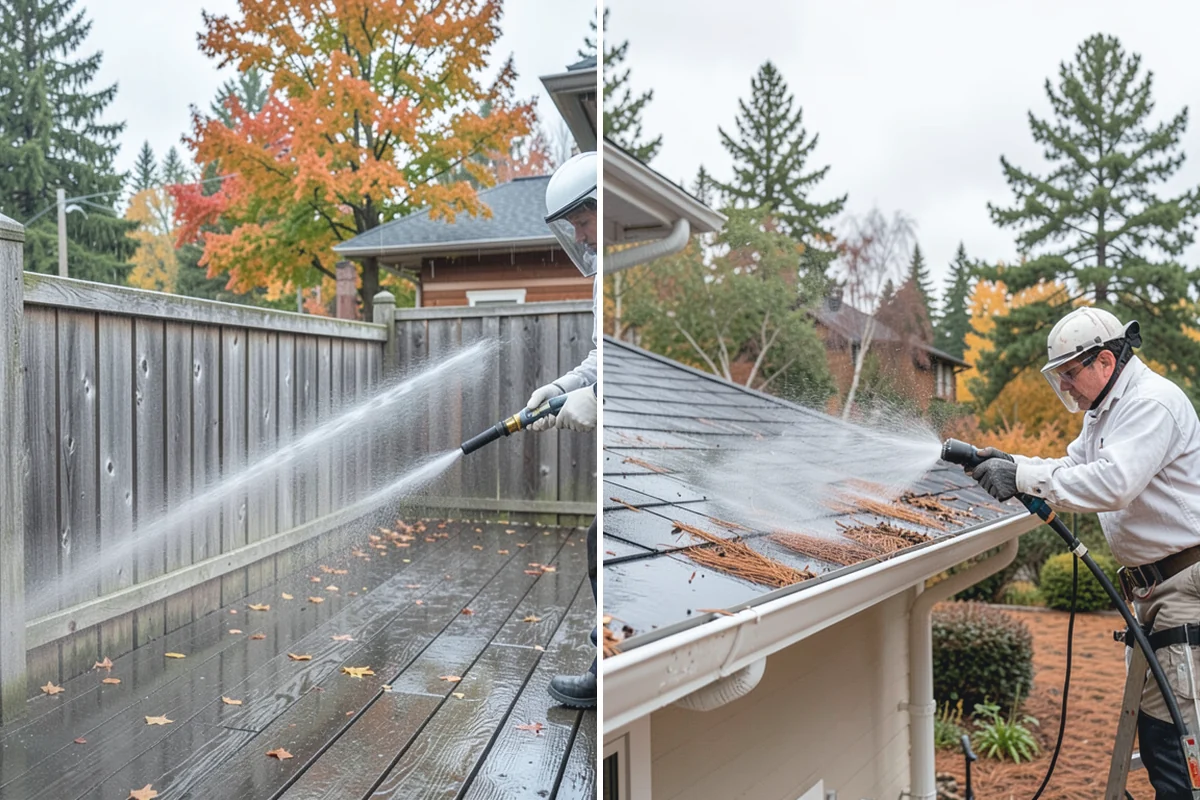Sidewalk Pressure Washing in Medina, King County, WA - Blow off leaves and fir needles and pre-treat the surface with a moss-and-algae solution