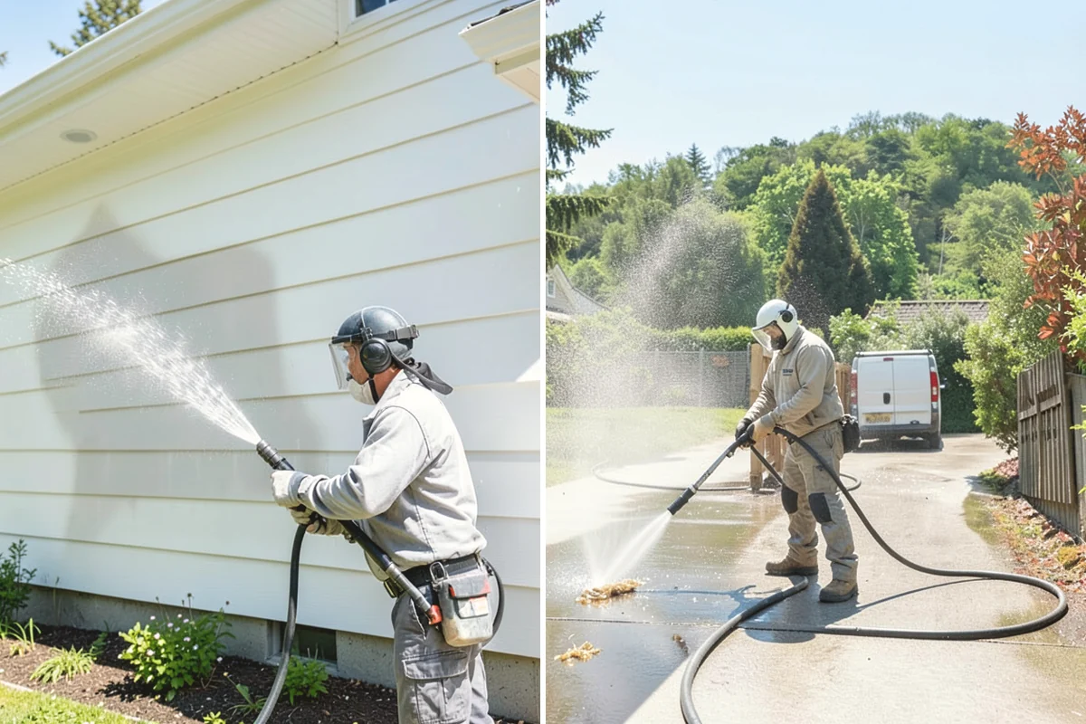 Sidewalk Pressure Washing in Mercer Island, King County, WA - Blow off leaves and fir needles and pre-treat the surface with a moss-and-algae solution