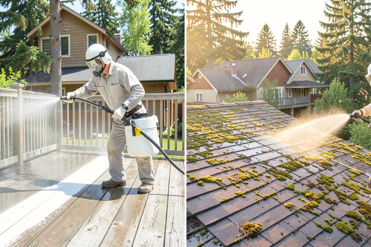 Sidewalk Pressure Washing in Mill Creek, Snohomish County, WA - Blow off leaves and fir needles and pre-treat the surface with a moss-and-algae solution
