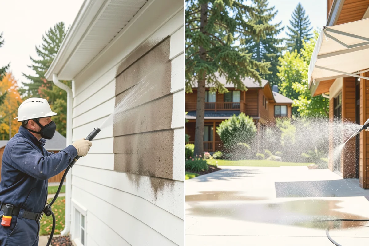 Sidewalk Pressure Washing in Milton, King County, WA - Blow off leaves and fir needles and pre-treat the surface with a moss-and-algae solution