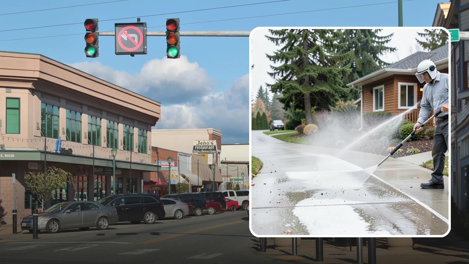 Sidewalk Pressure Washing in Monroe, Snohomish County, WA - Restore slick, moss-darkened Washington sidewalks to safe, even concrete with a controlled pressure wash.