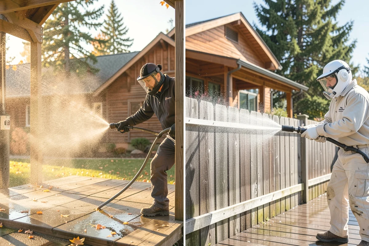 Sidewalk Pressure Washing in Monroe, Snohomish County, WA - Blow off leaves and fir needles and pre-treat the surface with a moss-and-algae solution