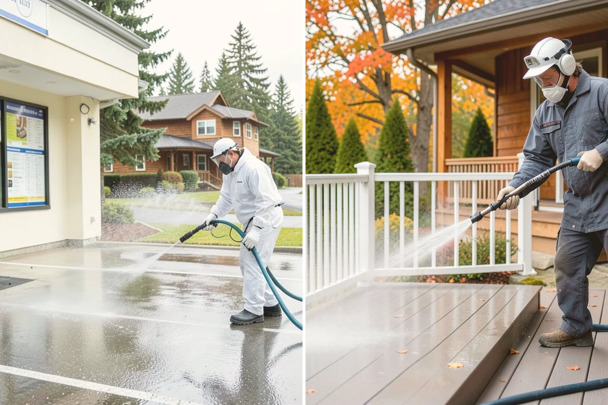 Sidewalk Pressure Washing in Mount Vernon, Skagit County, WA - Blow off leaves and fir needles and pre-treat the surface with a moss-and-algae solution