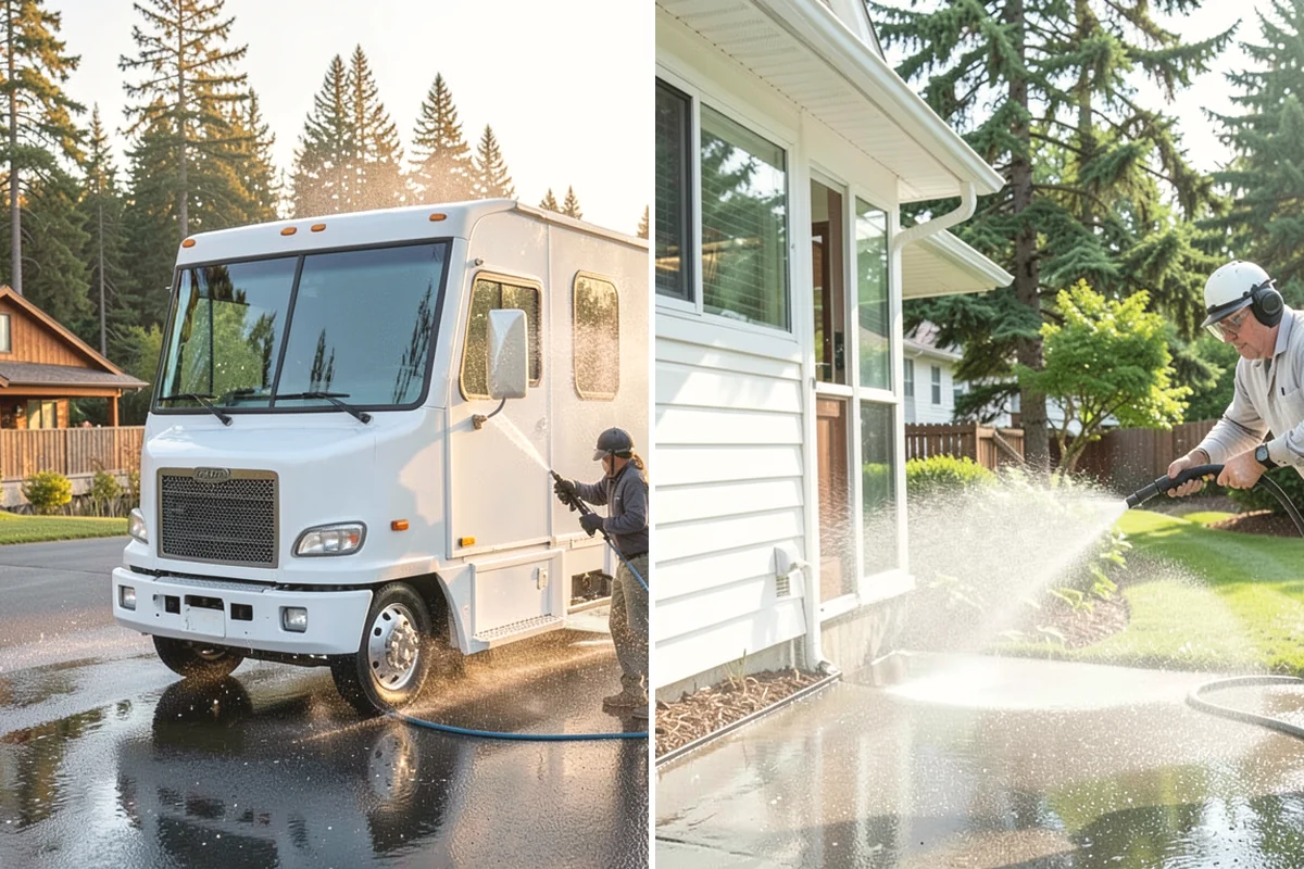 Sidewalk Pressure Washing in Mountlake Terrace, Snohomish County, WA - Blow off leaves and fir needles and pre-treat the surface with a moss-and-algae solution