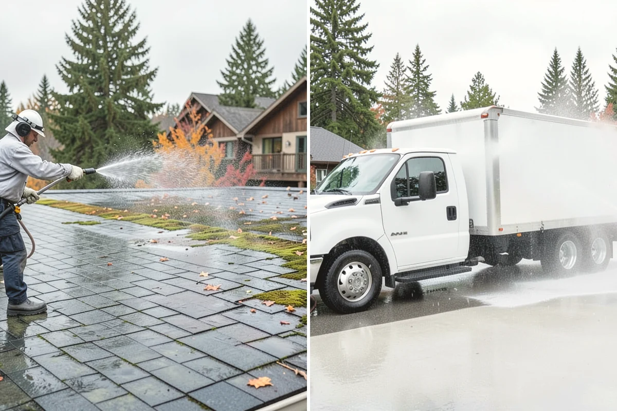Sidewalk Pressure Washing in Mukilteo, Snohomish County, WA - Blow off leaves and fir needles and pre-treat the surface with a moss-and-algae solution