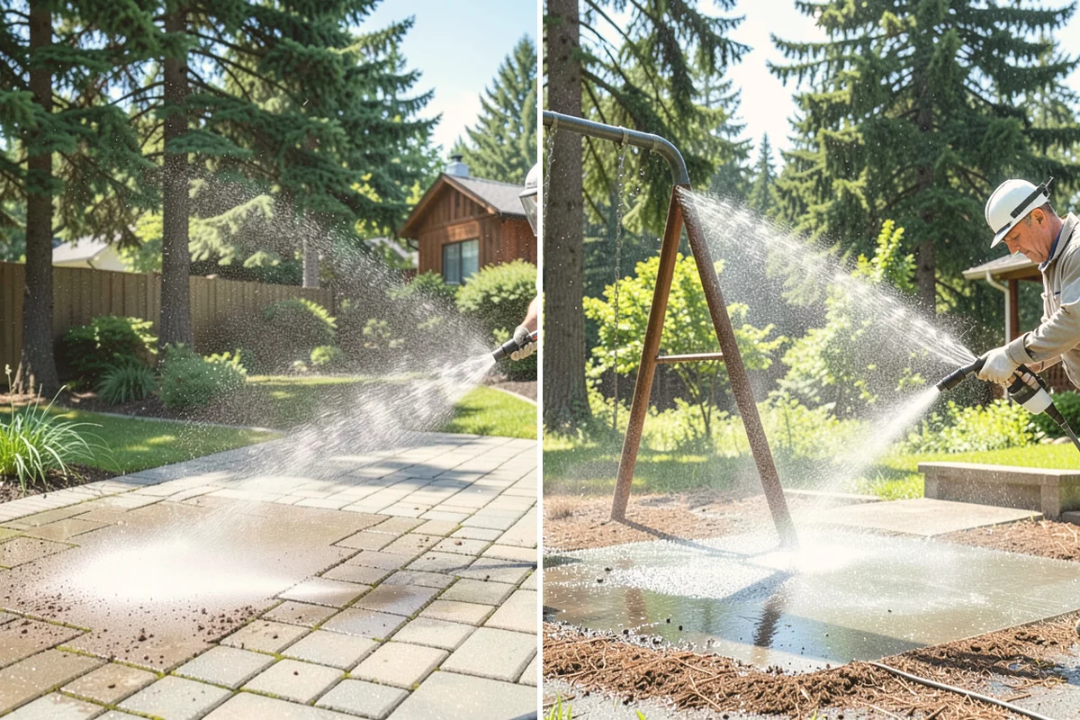 Sidewalk Pressure Washing in Newcastle, King County, WA - Blow off leaves and fir needles and pre-treat the surface with a moss-and-algae solution