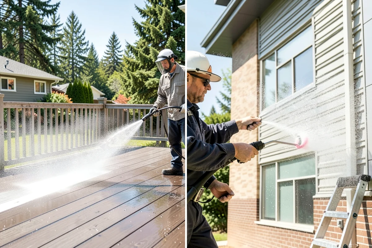 Sidewalk Pressure Washing in Normandy Park, King County, WA - Blow off leaves and fir needles and pre-treat the surface with a moss-and-algae solution