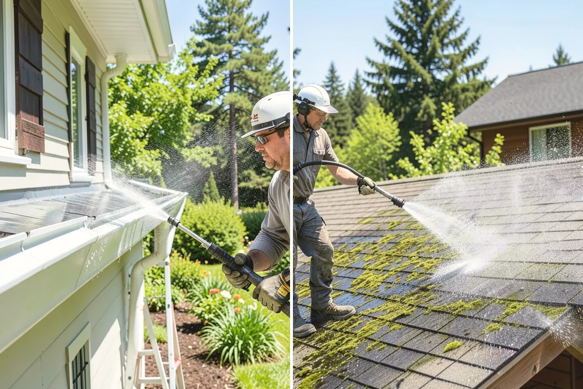 Sidewalk Pressure Washing in North Bend, King County, WA - Blow off leaves and fir needles and pre-treat the surface with a moss-and-algae solution