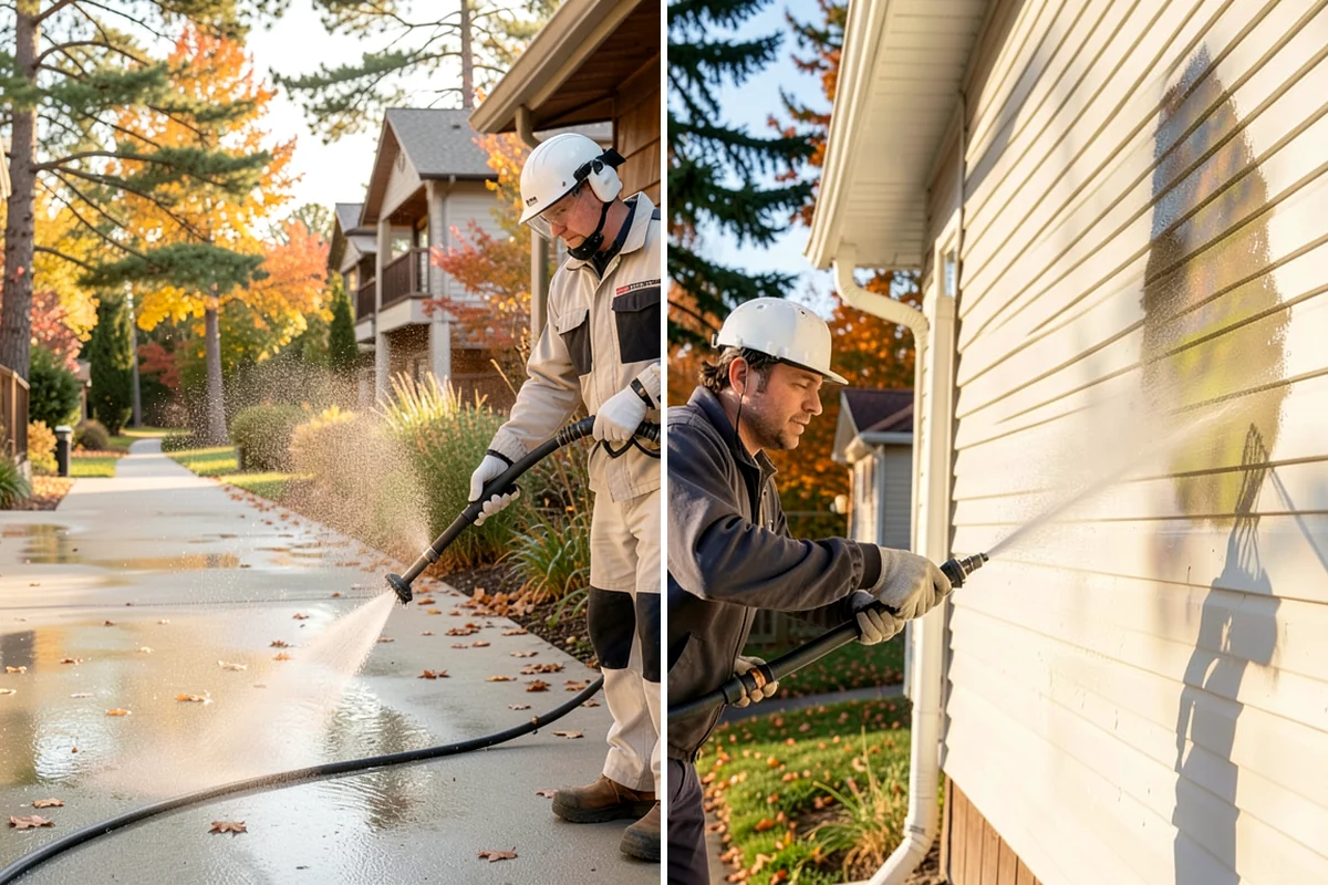 Sidewalk Pressure Washing in Pacific, King County, WA - Blow off leaves and fir needles and pre-treat the surface with a moss-and-algae solution