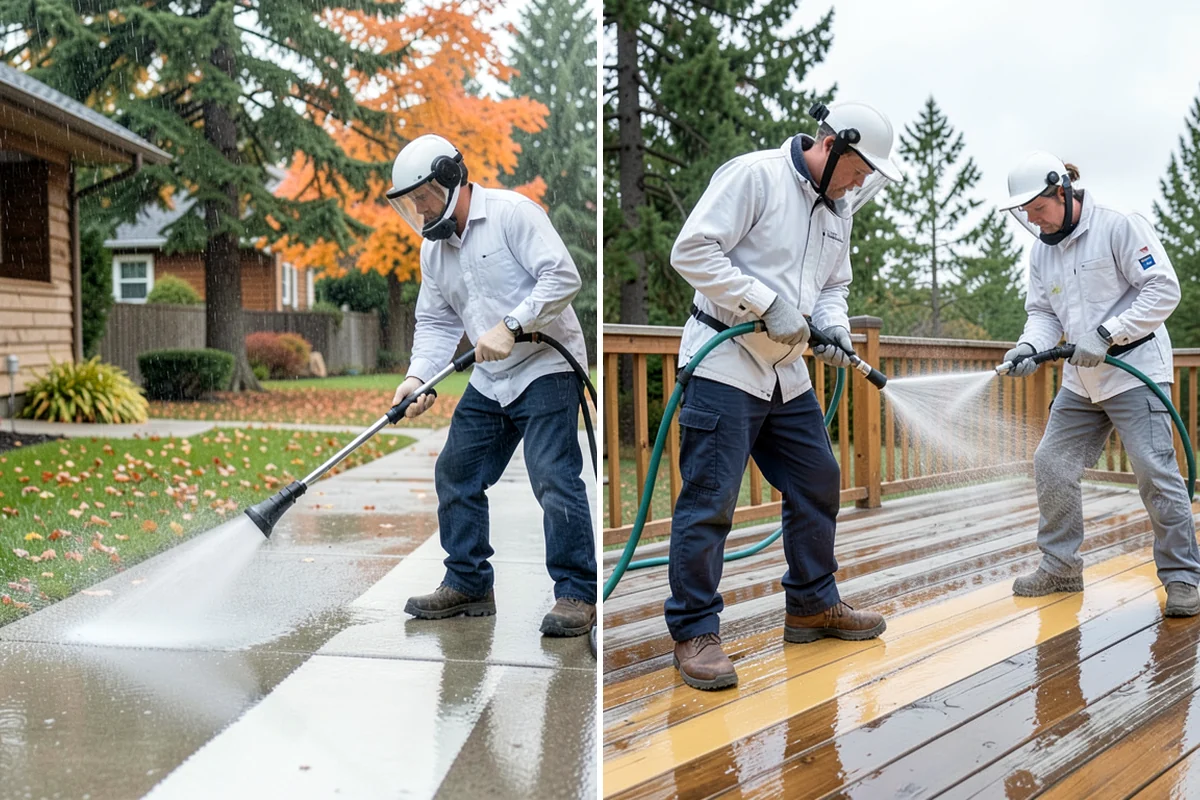 Sidewalk Pressure Washing in Puyallup, Pierce County, WA - Blow off leaves and fir needles and pre-treat the surface with a moss-and-algae solution