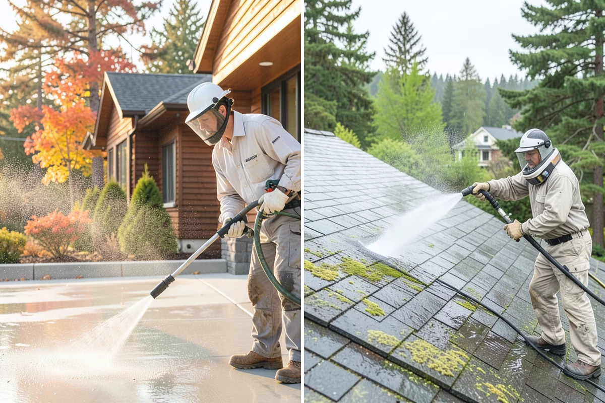 Sidewalk Pressure Washing in Redmond, King County, WA - Blow off leaves and fir needles and pre-treat the surface with a moss-and-algae solution