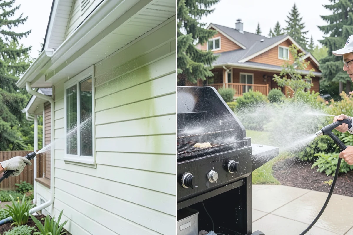 Sidewalk Pressure Washing in Renton, King County, WA - Blow off leaves and fir needles and pre-treat the surface with a moss-and-algae solution