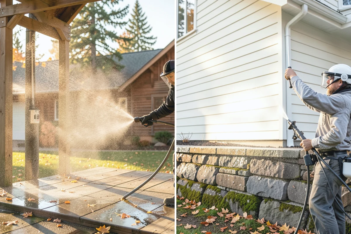 Sidewalk Pressure Washing in Roy, Pierce County, WA - Blow off leaves and fir needles and pre-treat the surface with a moss-and-algae solution