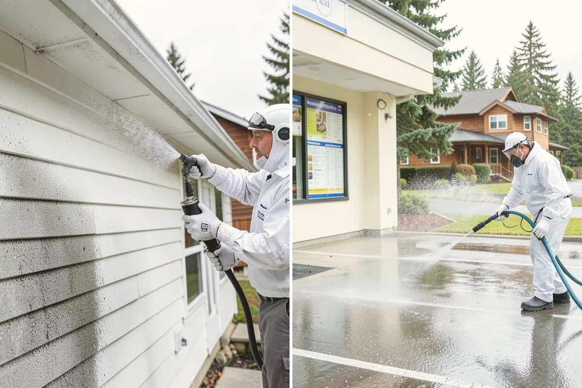 Sidewalk Pressure Washing in Sammamish, King County, WA - Blow off leaves and fir needles and pre-treat the surface with a moss-and-algae solution