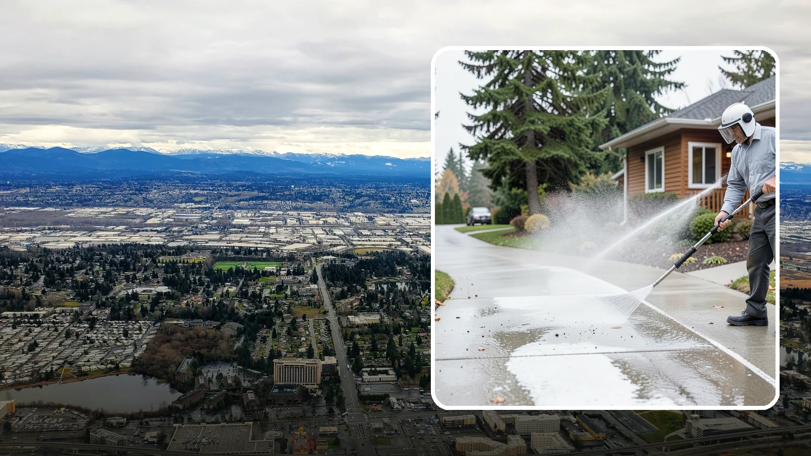 Sidewalk Pressure Washing in SeaTac, King County, WA - Restore slick, moss-darkened Washington sidewalks to safe, even concrete with a controlled pressure wash.