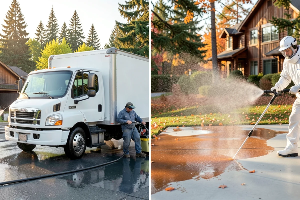 Sidewalk Pressure Washing in SeaTac, King County, WA - Blow off leaves and fir needles and pre-treat the surface with a moss-and-algae solution
