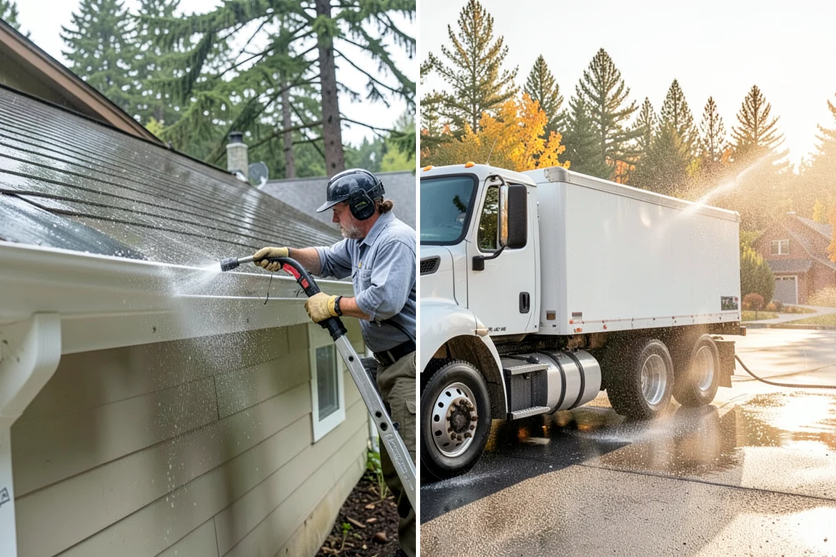Sidewalk Pressure Washing in Seattle, King County, WA - Blow off leaves and fir needles and pre-treat the surface with a moss-and-algae solution