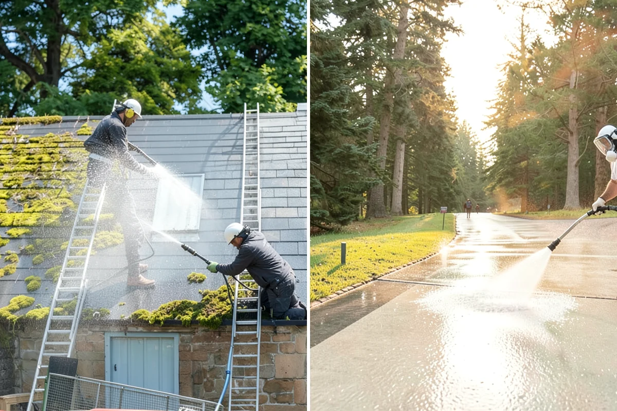 Sidewalk Pressure Washing in Sedro-Woolley, Skagit County, WA - Blow off leaves and fir needles and pre-treat the surface with a moss-and-algae solution