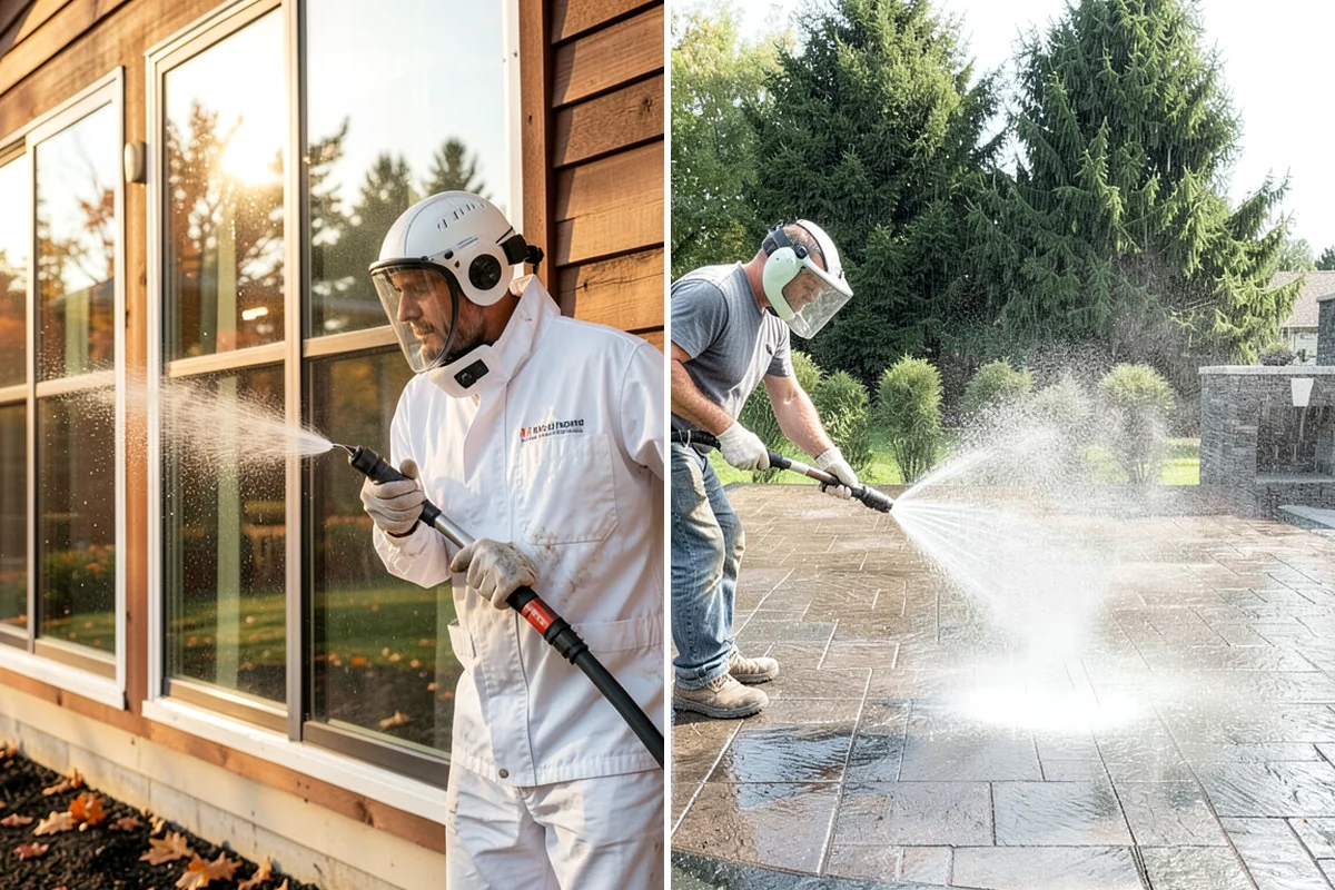 Sidewalk Pressure Washing in Shoreline, King County, WA - Blow off leaves and fir needles and pre-treat the surface with a moss-and-algae solution