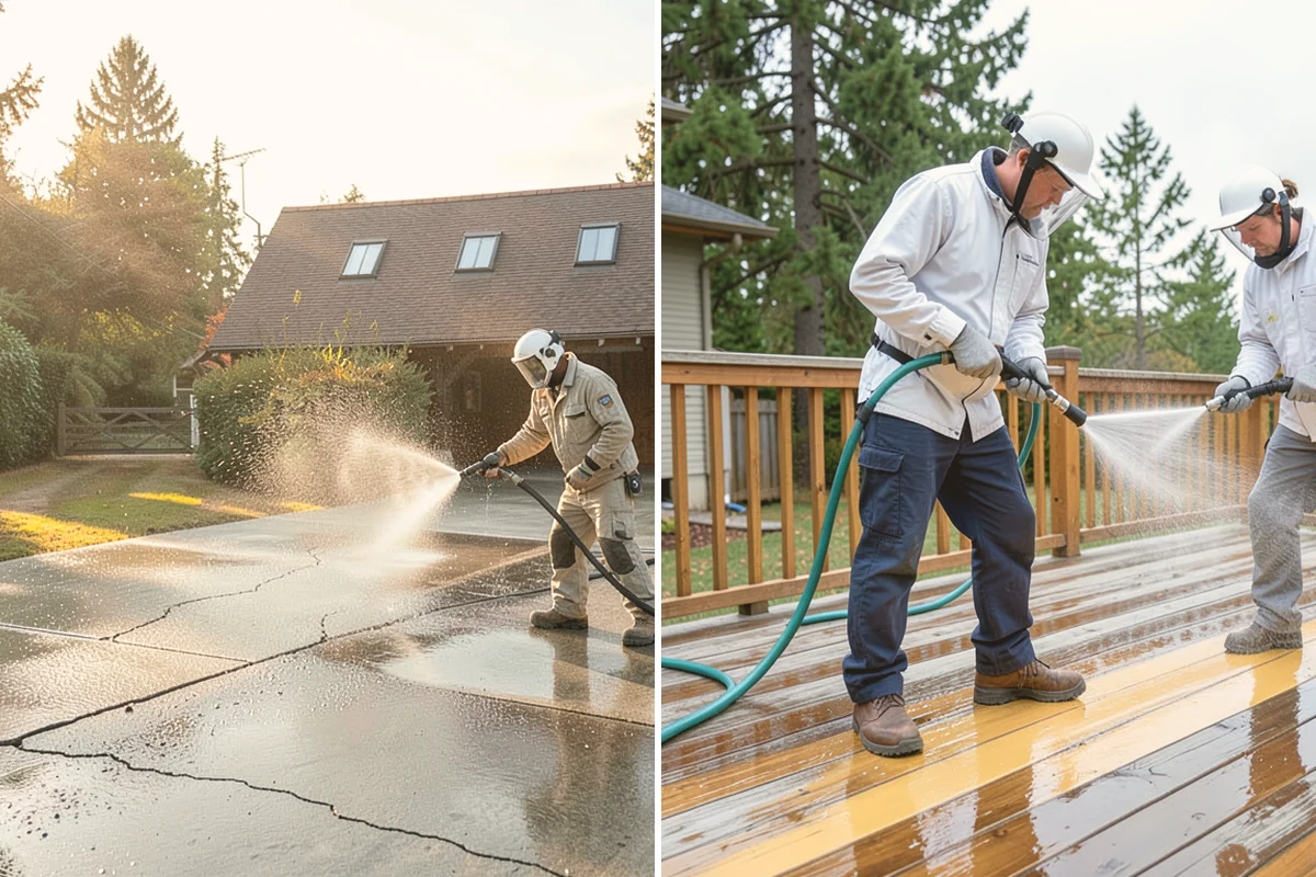 Sidewalk Pressure Washing in Snohomish, Snohomish County, WA - Blow off leaves and fir needles and pre-treat the surface with a moss-and-algae solution