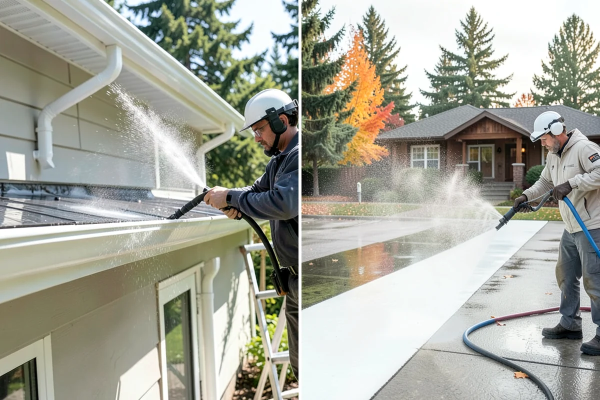 Sidewalk Pressure Washing in Snoqualmie, King County, WA - Blow off leaves and fir needles and pre-treat the surface with a moss-and-algae solution
