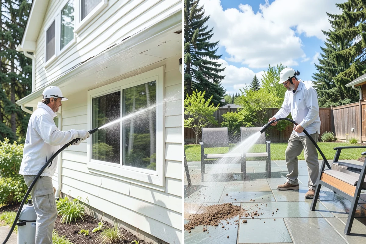 Sidewalk Pressure Washing in South Prairie, Pierce County, WA - Blow off leaves and fir needles and pre-treat the surface with a moss-and-algae solution