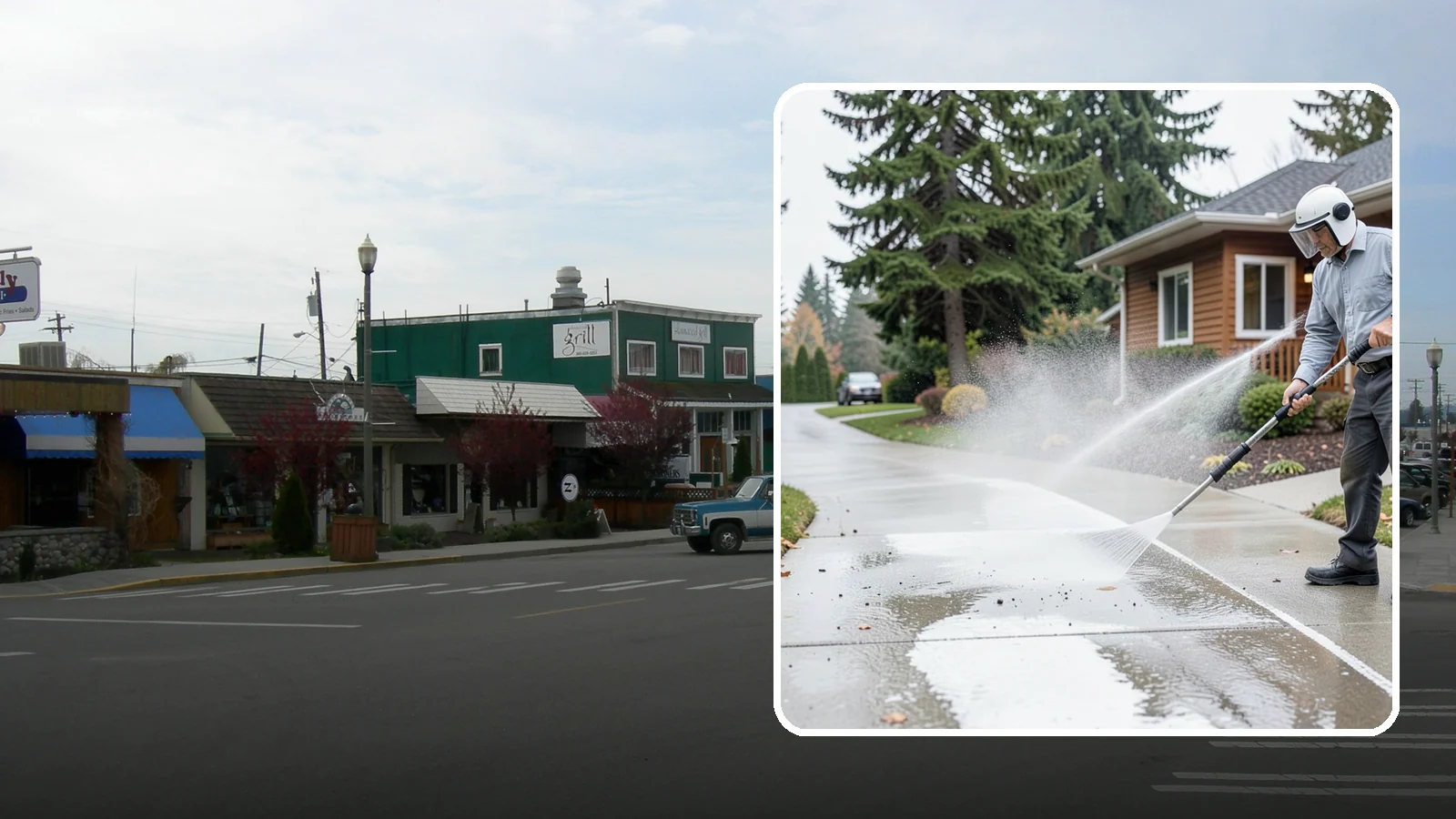 Sidewalk Pressure Washing in Stanwood, Snohomish County, WA - Restore slick, moss-darkened Washington sidewalks to safe, even concrete with a controlled pressure wash.