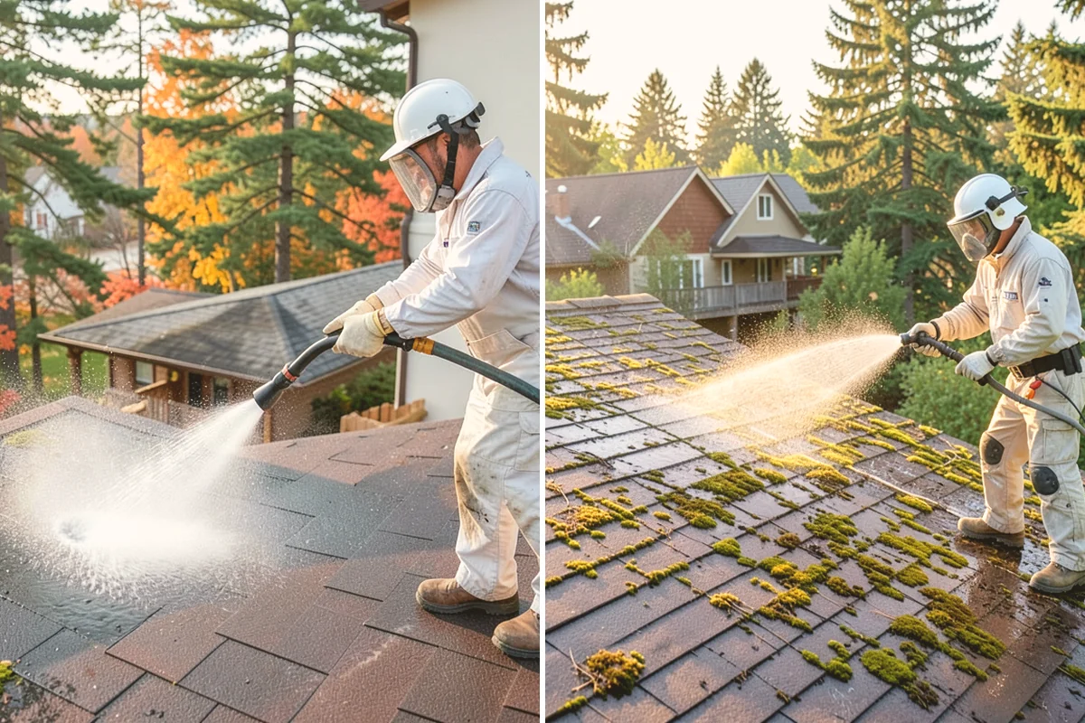 Sidewalk Pressure Washing in Stanwood, Snohomish County, WA - Blow off leaves and fir needles and pre-treat the surface with a moss-and-algae solution