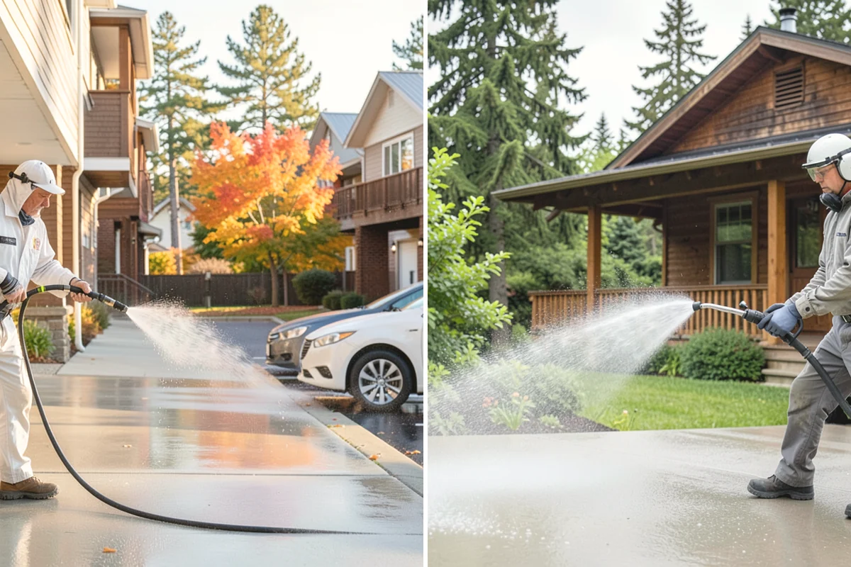 Sidewalk Pressure Washing in Steilacoom, Pierce County, WA - Blow off leaves and fir needles and pre-treat the surface with a moss-and-algae solution