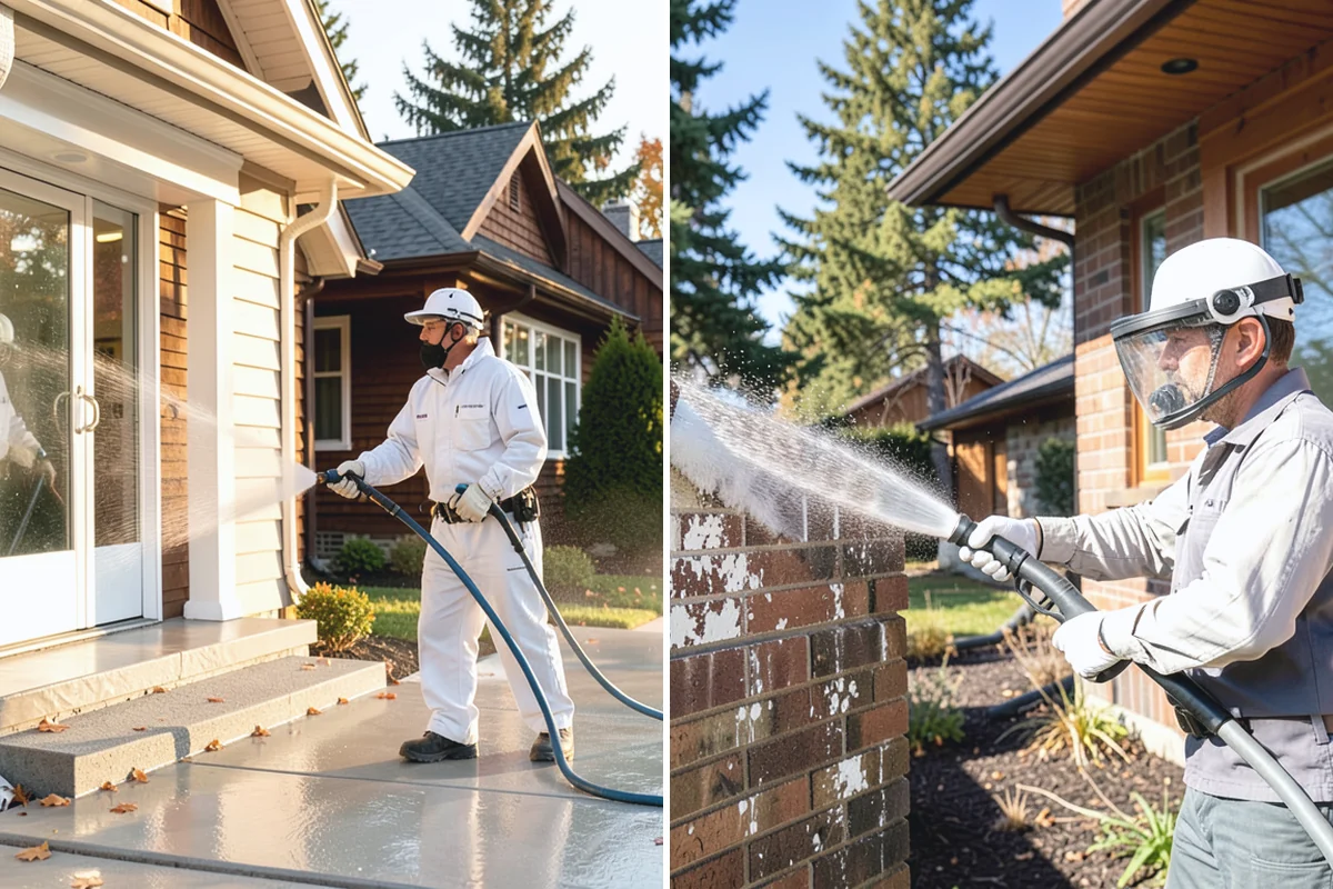 Sidewalk Pressure Washing in Sumner, Pierce County, WA - Blow off leaves and fir needles and pre-treat the surface with a moss-and-algae solution