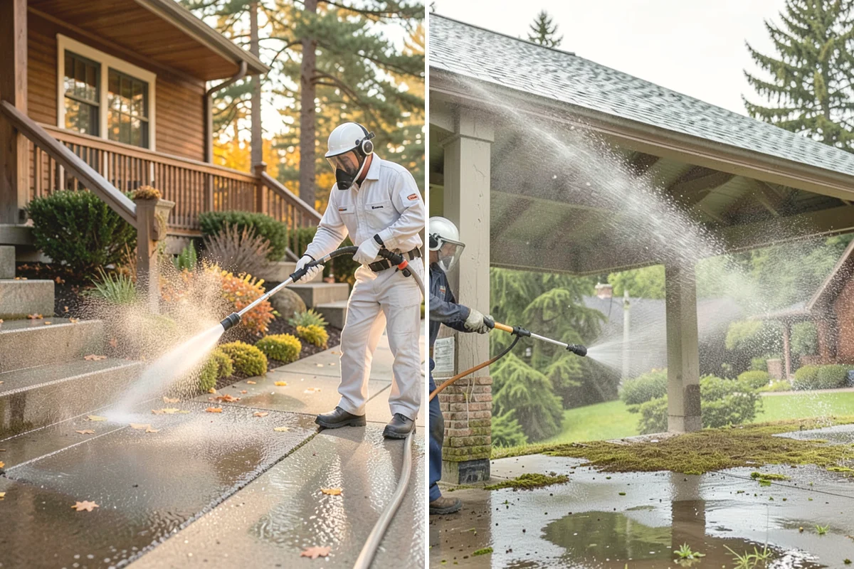 Sidewalk Pressure Washing in Tacoma, Pierce County, WA - Blow off leaves and fir needles and pre-treat the surface with a moss-and-algae solution