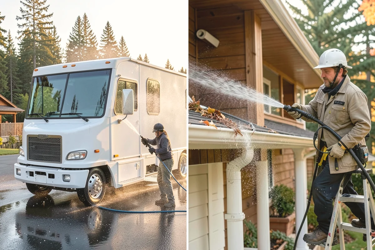 Sidewalk Pressure Washing in Tukwila, King County, WA - Blow off leaves and fir needles and pre-treat the surface with a moss-and-algae solution