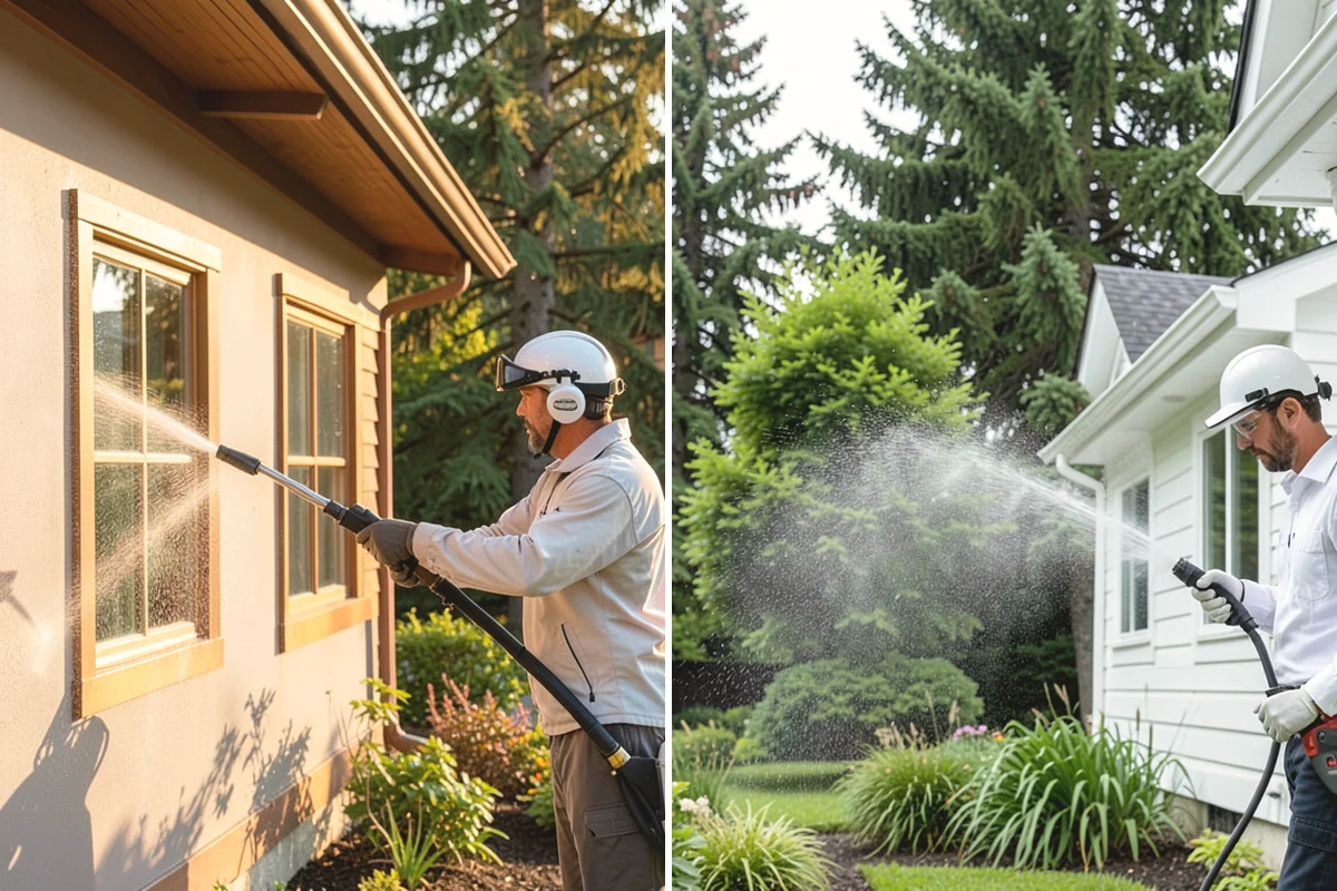 Sidewalk Pressure Washing in University Place, Pierce County, WA - Blow off leaves and fir needles and pre-treat the surface with a moss-and-algae solution