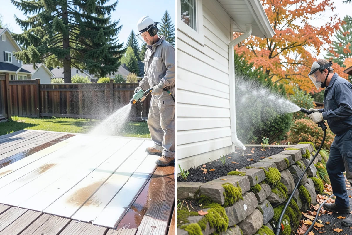 Sidewalk Pressure Washing in Wilkeson, Pierce County, WA - Blow off leaves and fir needles and pre-treat the surface with a moss-and-algae solution