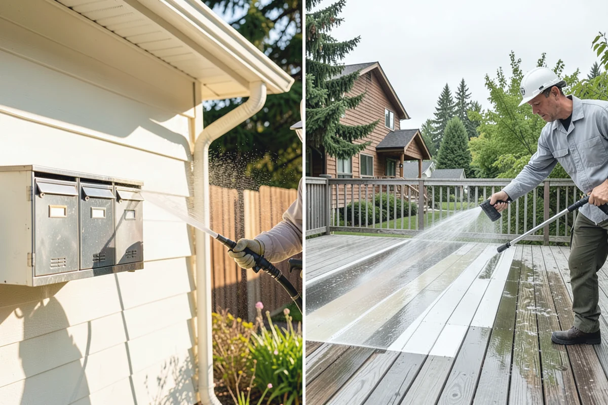 Sidewalk Pressure Washing in Woodinville, King County, WA - Blow off leaves and fir needles and pre-treat the surface with a moss-and-algae solution
