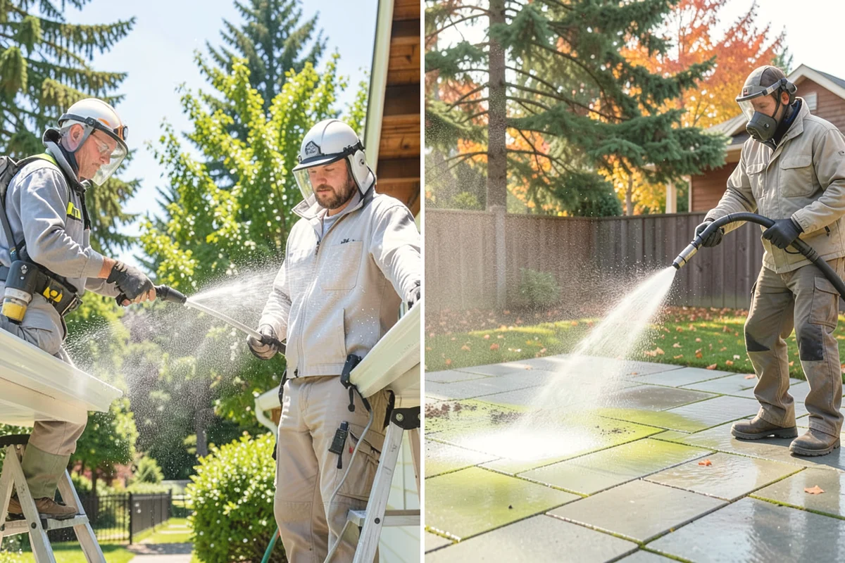 Sidewalk Pressure Washing in Yarrow Point, King County, WA - Blow off leaves and fir needles and pre-treat the surface with a moss-and-algae solution