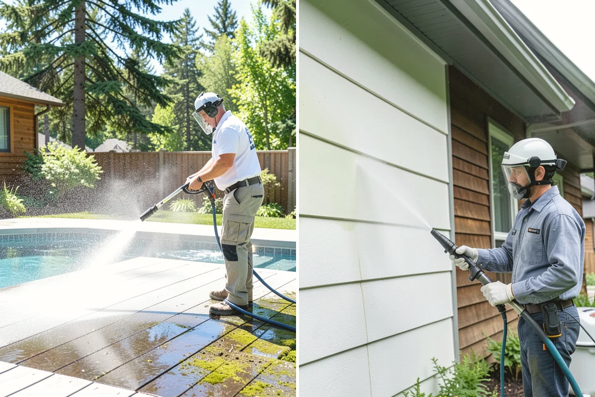 Siding Soft Wash in Tukwila, King County, WA - Inspect the siding and note algae-heavy elevations