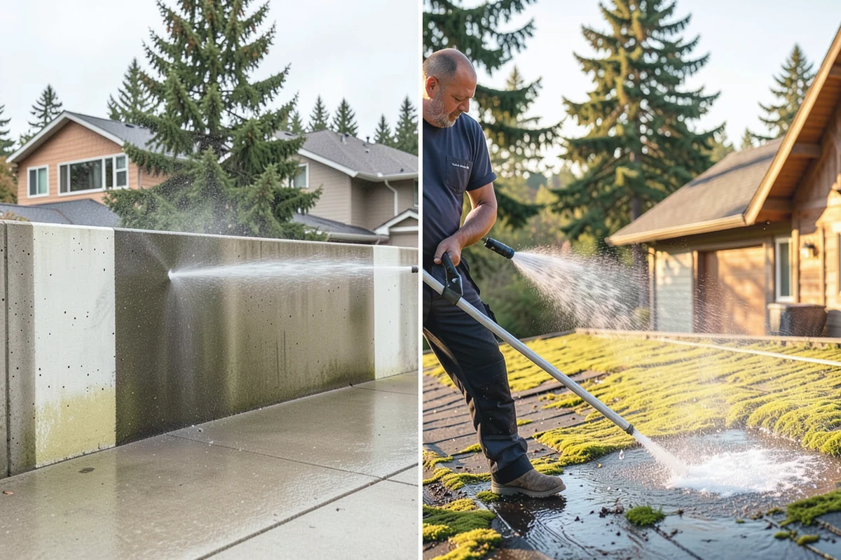 Siding Soft Wash in Woodinville, King County, WA - Inspect the siding and note algae-heavy elevations