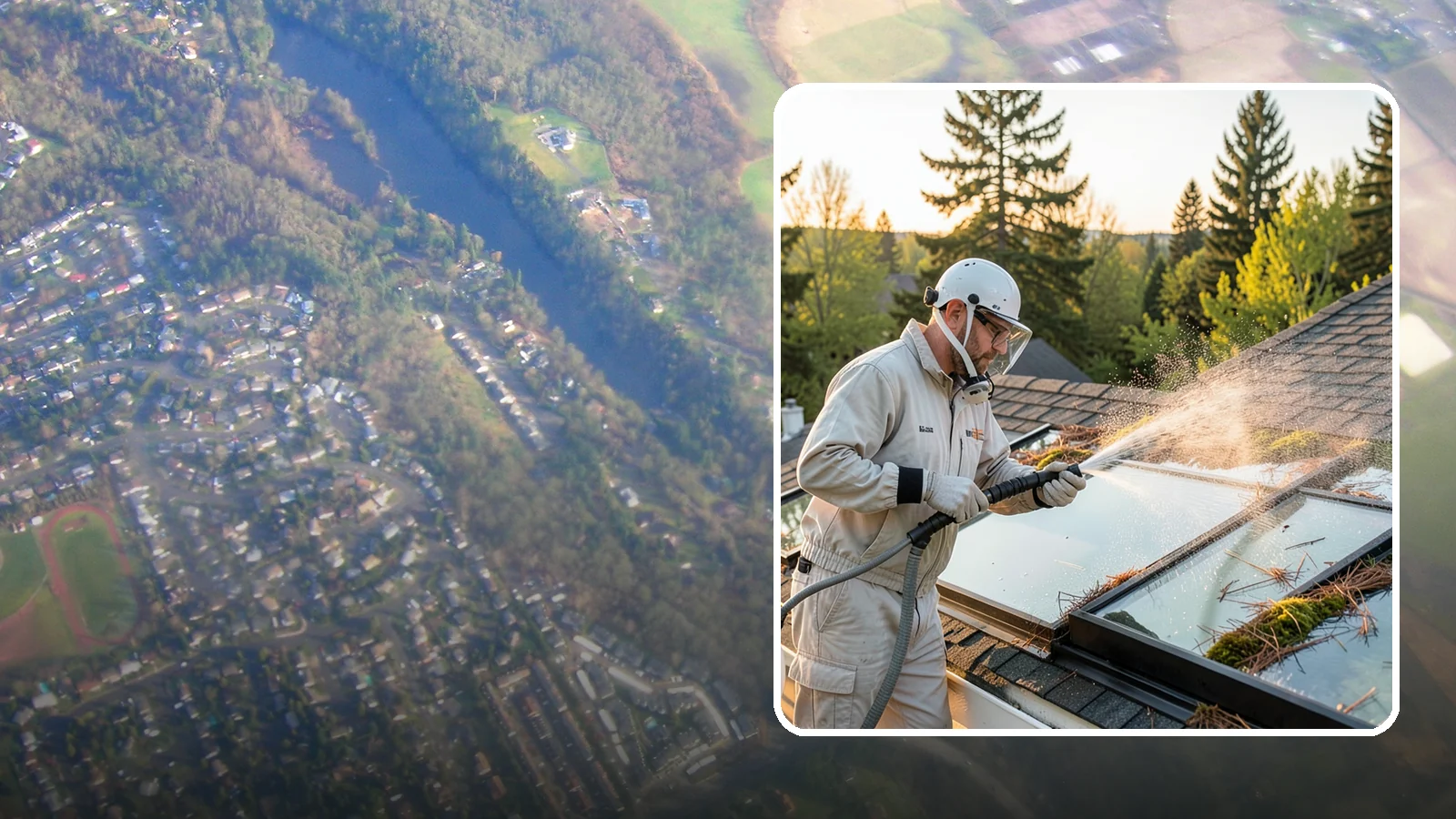 Skylight Cleaning in Algona, King County, WA - Cleaning of skylights coated in the moss, needles, and organic film that settle on our low-slope roof glass.