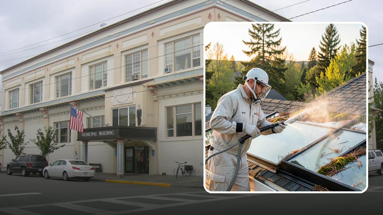Skylight Cleaning in Anacortes, Skagit County, WA - Cleaning of skylights coated in the moss, needles, and organic film that settle on our low-slope roof glass.