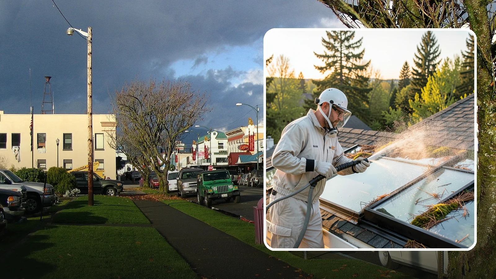 Skylight Cleaning in Arlington, Snohomish County, WA - Cleaning of skylights coated in the moss, needles, and organic film that settle on our low-slope roof glass.