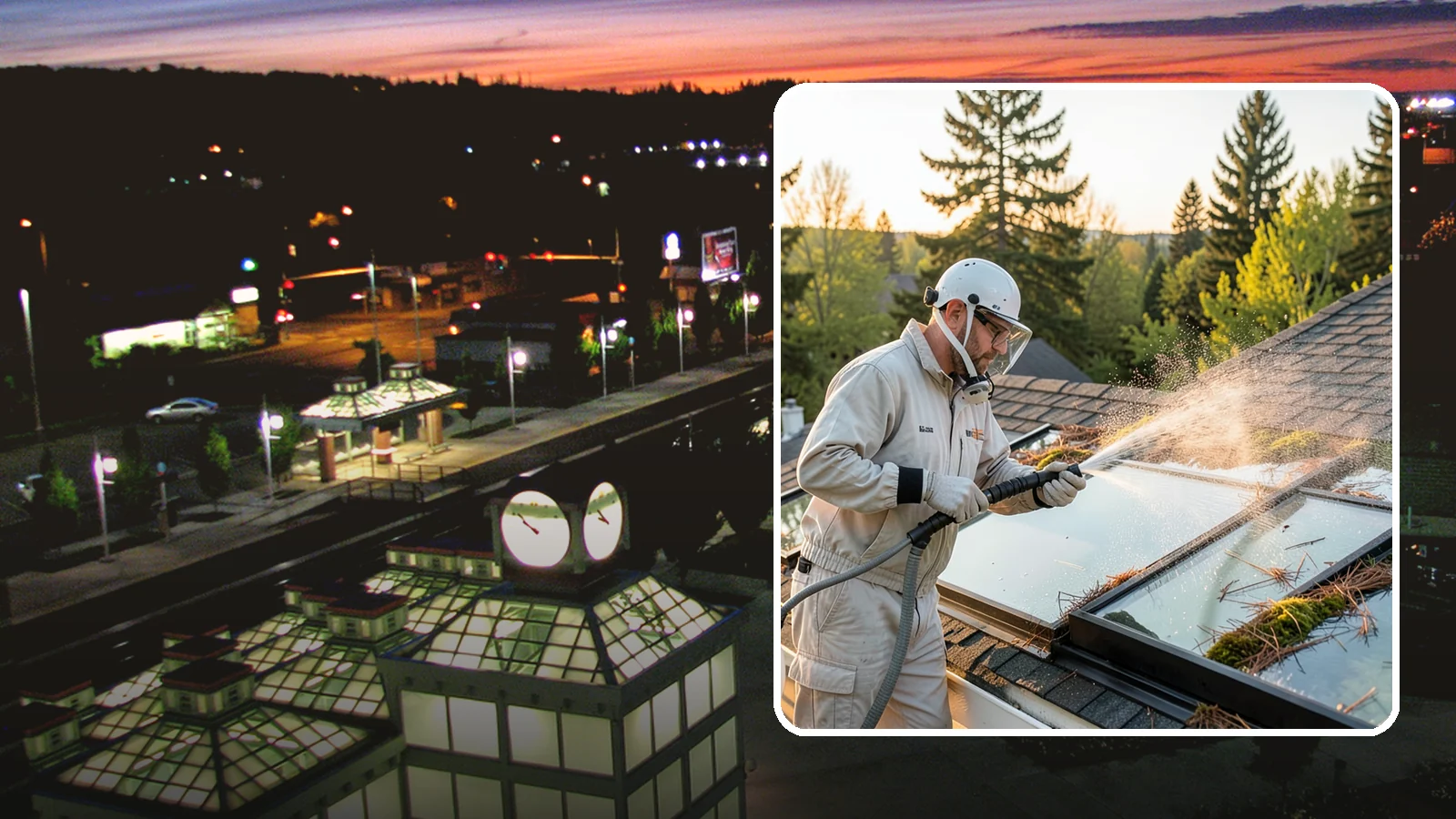 Skylight Cleaning in Auburn, King County, WA - Cleaning of skylights coated in the moss, needles, and organic film that settle on our low-slope roof glass.